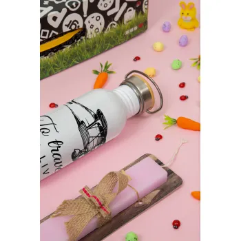 To travel is to live, Πασχαλινή Λαμπάδα με παγούρι μεταλλικό (620ml, stainless steel) & κερί αρωματικό πλακέ (30cm) (ΡΟΖ)