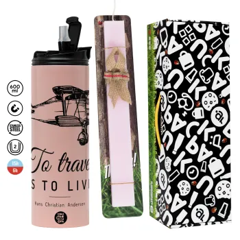 To travel is to live, Easter candle,Travel Tumbler 2 Lids, with metal straw & cleaning brush & aromatic flat candle (30cm) (PINK)