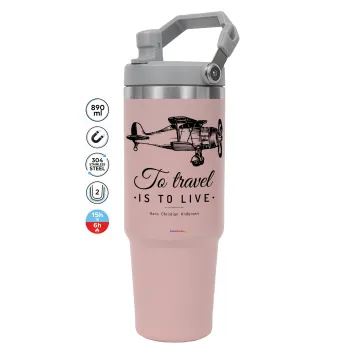 To travel is to live, ΡΟΖ χρώματος Θερμός Ανοξείδωτο 890ml (30oz) με χερούλι