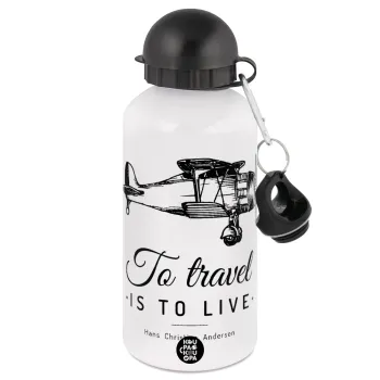 To travel is to live, Metal water bottle, White, aluminum 500ml