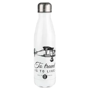 To travel is to live, Μεταλλικό παγούρι θερμός Λευκό (Stainless steel), διπλού τοιχώματος, 500ml
