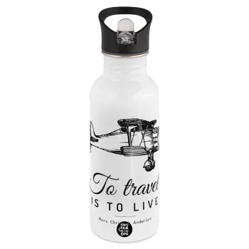 To travel is to live, White water bottle with straw, stainless steel 600ml