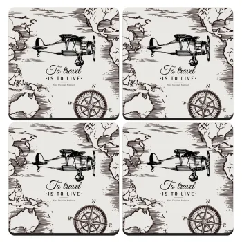 To travel is to live, ΣΕΤ 4 Σουβέρ ξύλινα τετράγωνα (9cm)