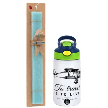 To travel is to live, Easter Set, Children's thermal stainless steel bottle with safety straw, green/blue (350ml) & aromatic flat Easter candle (30cm) (TURQUOISE)