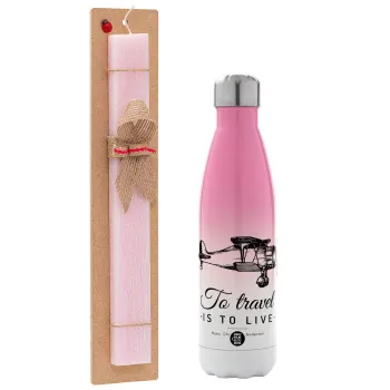 To travel is to live, Easter Set, Metallic pink/white (Stainless steel) thermos, double-walled, 500ml & aromatic flat Easter candle (30cm) (PINK)