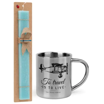 To travel is to live, Easter Set, metallic thermal cup (300ml) & aromatic flat Easter candle (30cm) (TURQUOISE)