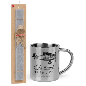 To travel is to live, Πασχαλινή Λαμπάδα με μεταλλική κούπα θερμό (300ml) & κερί αρωματικό πλακέ (30cm) (ΓΚΡΙ)