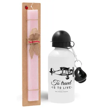To travel is to live, Easter Set, metallic aluminum bottle (500ml) & aromatic flat Easter candle (30cm) (PINK)