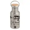 Stainless steel metallic thermos flask, silver with a bamboo lid, double-walled, 350ml.