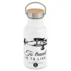 Metallic thermos (Stainless steel) White with wooden lid (bamboo), double-walled, 350ml