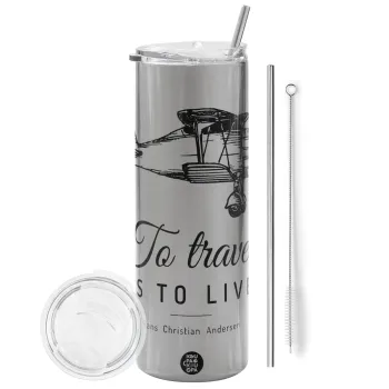 To travel is to live, Tumbler stainless steel Silver 600ml, with metal straw & cleaning brush