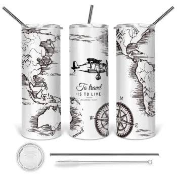 To travel is to live, Tumbler stainless steel 600ml, with metal straw & cleaning brush