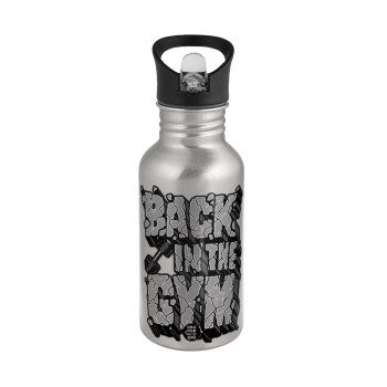 Back in the GYM, Water bottle Silver with straw, stainless steel 500ml