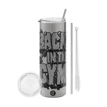 Back in the GYM, Eco friendly stainless steel Silver tumbler 600ml, with metal straw & cleaning brush