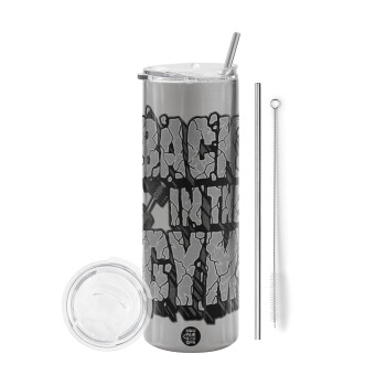 Back in the GYM, Tumbler stainless steel Silver 600ml, with metal straw & cleaning brush