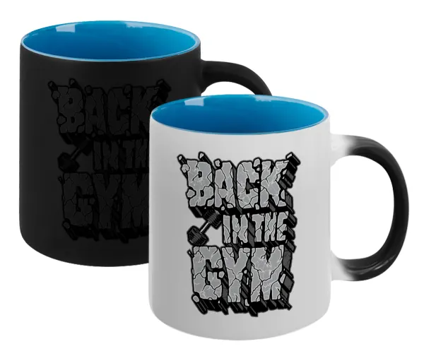 Back in the GYM — Magic mug with blue interior, ceramic, 330ml, changes colour with hot drinks