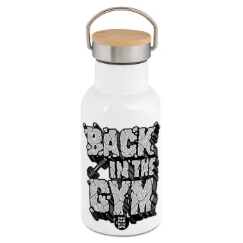 Back in the GYM, Μεταλλικό παγούρι θερμός (Stainless steel) Λευκό με ξύλινο καπακι (bamboo), διπλού τοιχώματος, 350ml