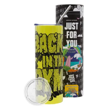 Back in the GYM, Neon Yellow Travel Tumbler θερμό, μεταλλικό καλαμάκι(Ανωξείδωτο 304 Food grade, BPA free, 600ml)