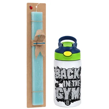 Back in the GYM, Easter Set, Children's thermal stainless steel bottle with safety straw, green/blue (350ml) & aromatic flat Easter candle (30cm) (TURQUOISE)