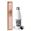 Easter Set, metallic stainless steel water bottle (750ml) & scented flat Easter candle (30cm) (PINK)