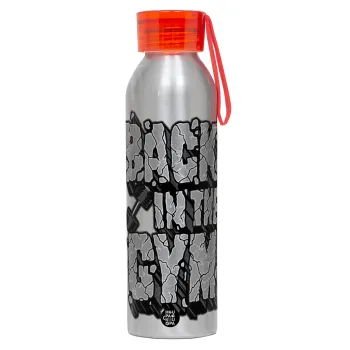 Back in the GYM, Αλουμινένιο Αθλητικό Μπουκάλι 650ml – Ασημί με Κόκκινο Καπάκι και Λουράκι Σιλικόνης