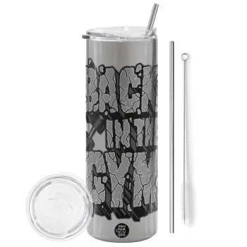 Back in the GYM, Tumbler stainless steel Silver 600ml, with metal straw & cleaning brush