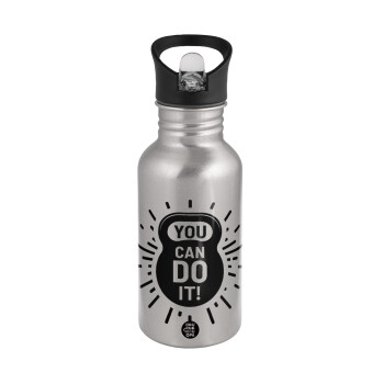 You can do it, Water bottle Silver with straw, stainless steel 500ml