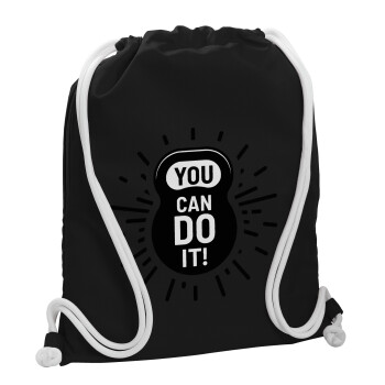 You can do it, Τσάντα πλάτης πουγκί GYMBAG Μαύρη, με τσέπη (40x48cm) & χονδρά λευκά κορδόνια