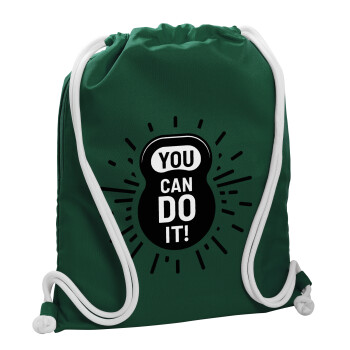 You can do it, Τσάντα πλάτης πουγκί GYMBAG BOTTLE GREEN, με τσέπη (40x48cm) & χονδρά λευκά κορδόνια