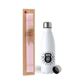You can do it, Easter Set, metallic stainless steel water bottle (750ml) & scented flat Easter candle (30cm) (PINK)