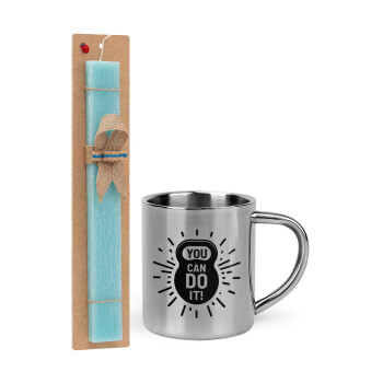 You can do it, Easter Set, metallic thermal cup (300ml) & aromatic flat Easter candle (30cm) (TURQUOISE)