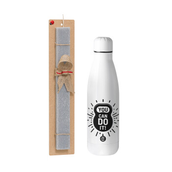 You can do it, Easter Set, metallic stainless thermos bottle (500ml) & scented flat Easter candle (30cm) (GRAY)