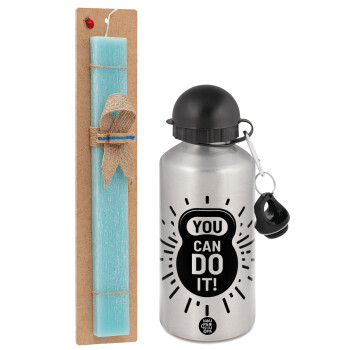 You can do it, Easter Set, metallic silver aluminum water bottle (500ml) & scented flat Easter candle (30cm) (TURQUOISE)