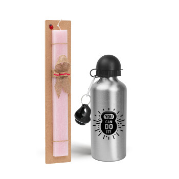 You can do it, Easter Set, metallic Silver aluminum water bottle (500ml) & scented flat Easter candle (30cm) (PINK)