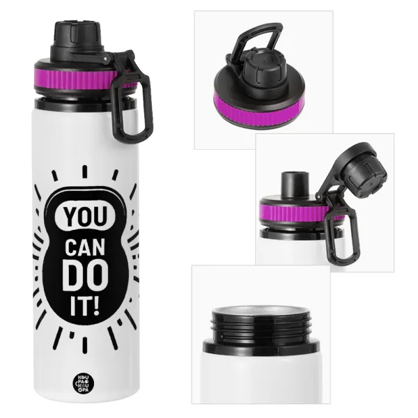 You can do it — Metallic water bottle with safety lid, 850ml aluminum