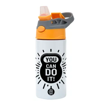 You can do it, Children's hot water bottle, stainless steel, with safety straw, Orange/Grey (360ml) BPA-FREE