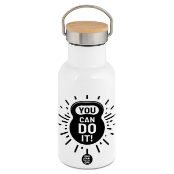 You can do it, Μεταλλικό παγούρι θερμός (Stainless steel) Λευκό με ξύλινο καπακι (bamboo), διπλού τοιχώματος, 350ml