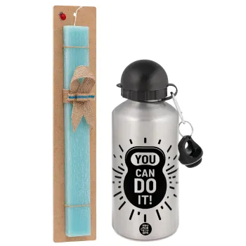 You can do it, Easter Set, metallic silver aluminum water bottle (500ml) & scented flat Easter candle (30cm) (TURQUOISE)