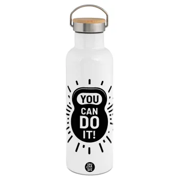 You can do it, Μεταλλικό παγούρι θερμός (Stainless steel) Λευκό με ξύλινο καπάκι (bamboo), διπλού τοιχώματος, 750ml