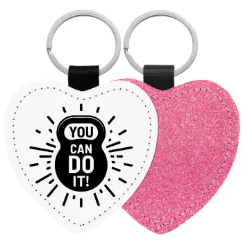 You can do it, Μπρελόκ PU δερμάτινο glitter καρδιά ΡΟΖ