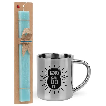 You can do it, Easter Set, metallic thermal cup (300ml) & aromatic flat Easter candle (30cm) (TURQUOISE)