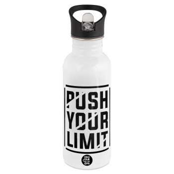 Push your limit, White water bottle with straw, stainless steel 600ml