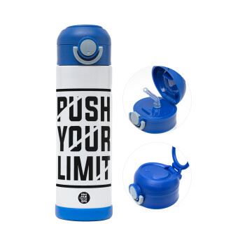 Push your limit, Children's hot water bottle, stainless steel, with safety straw, BLUE (500ml)