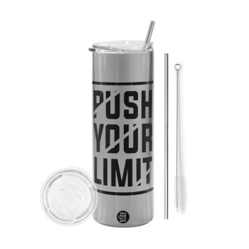 Push your limit, Eco friendly stainless steel Silver tumbler 600ml, with metal straw & cleaning brush