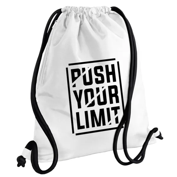 Push your limit — Τσάντα πλάτης πουγκί GYMBAG λευκή, με τσέπη (40x48cm) & χονδρά κορδόνια
