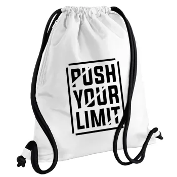 Push your limit, Backpack pouch GYMBAG white, with pocket (40x48cm) & thick cords