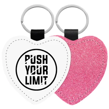 Push your limit, Μπρελόκ PU δερμάτινο glitter καρδιά ΡΟΖ