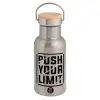 Stainless steel metallic thermos flask, silver with a bamboo lid, double-walled, 350ml.