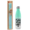 Easter Set, Metallic green/white thermos (Stainless steel), double-walled, 500ml & scented flat Easter candle (30cm) (TURQUOISE)