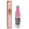 Easter Set, Metallic pink/white (Stainless steel) thermos, double-walled, 500ml & aromatic flat Easter candle (30cm) (PINK)